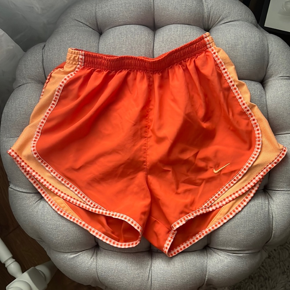 Nike Orange Gingham Trim Running Shorts Built In Briefs